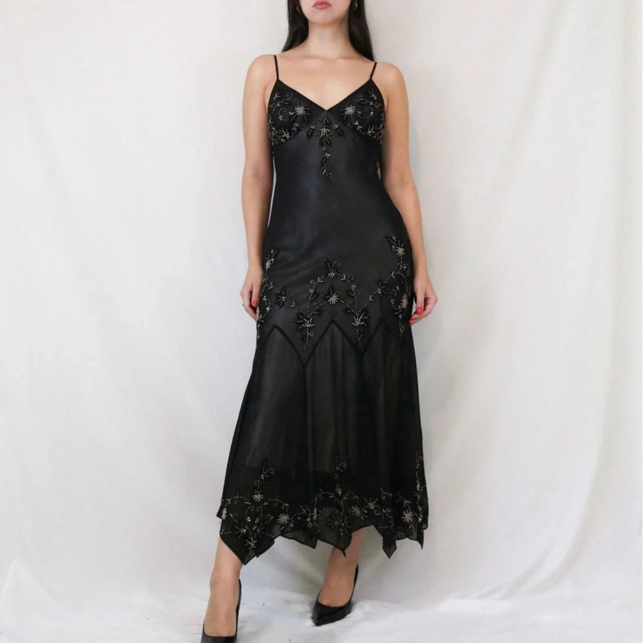 Vintage Spaghetti Strap Beaded Midi Dress with Handkerchief Hem
