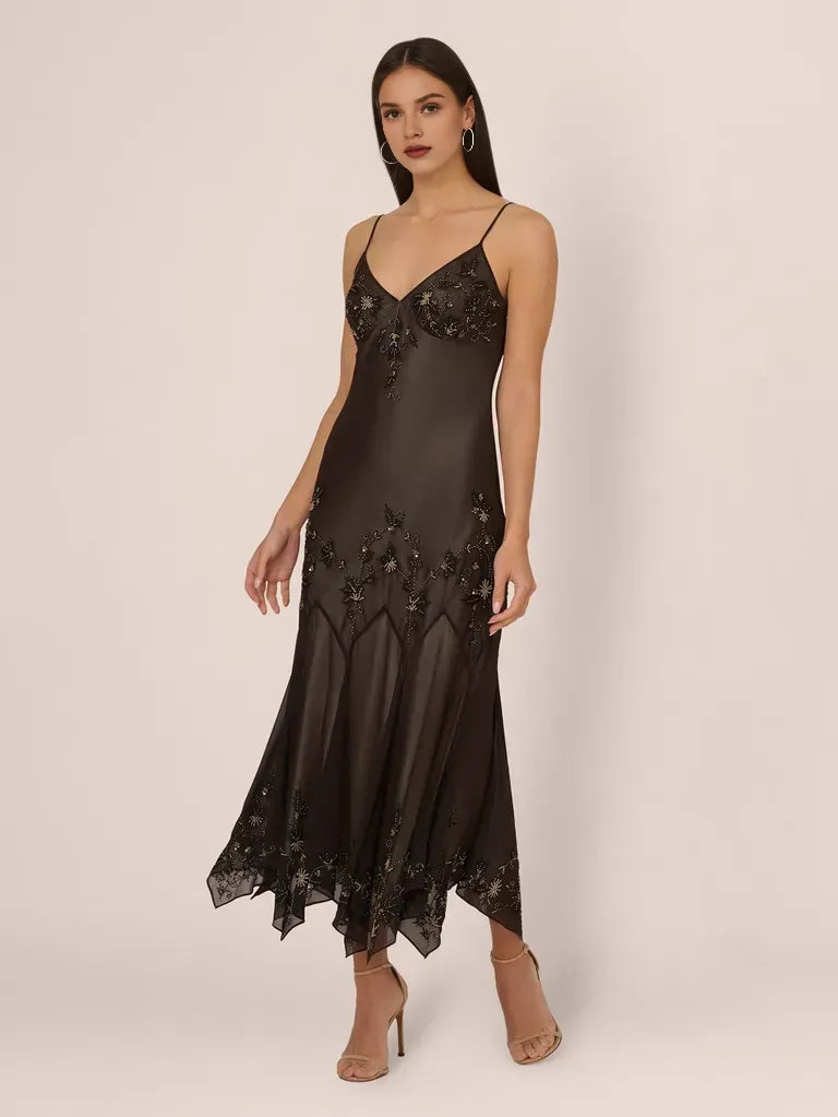 Vintage Spaghetti Strap Beaded Midi Dress with Handkerchief Hem