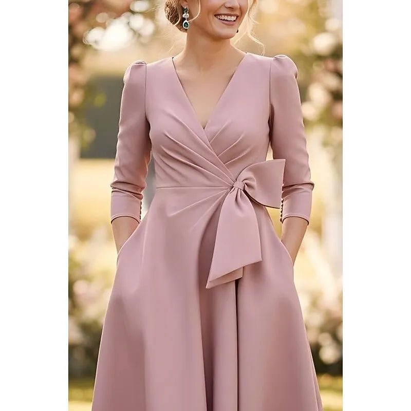Vintage A-Line 3/4 Length Sleeve V Neck Bow(s) Tea-Length Mother of the Bride Dress