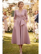 Vintage A-Line 3/4 Length Sleeve V Neck Bow(s) Tea-Length Mother of the Bride Dress