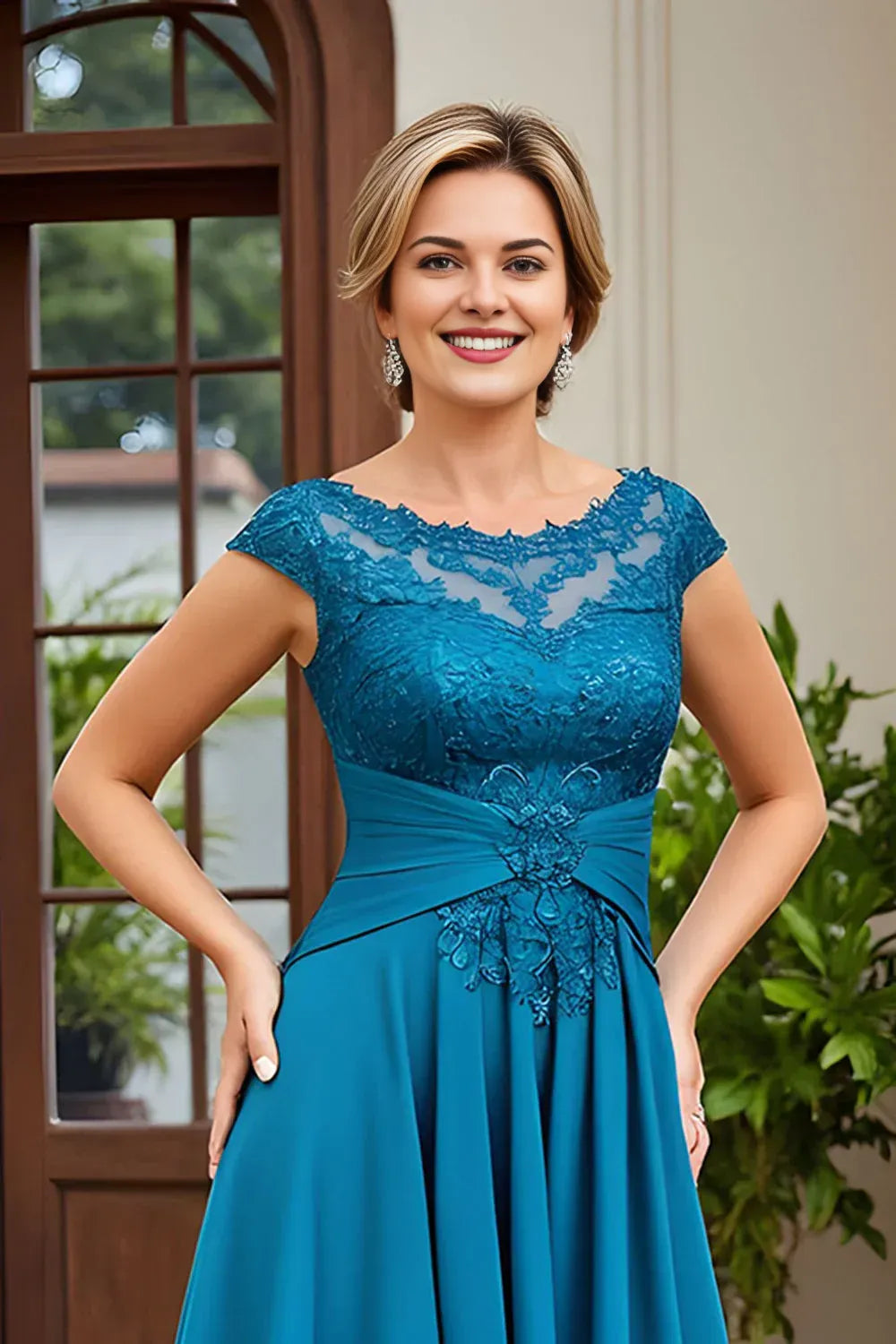 Vintage A-Line Bateau Neck Cap Sleeve Appliques Floor-Length Mother of the Bride Dress