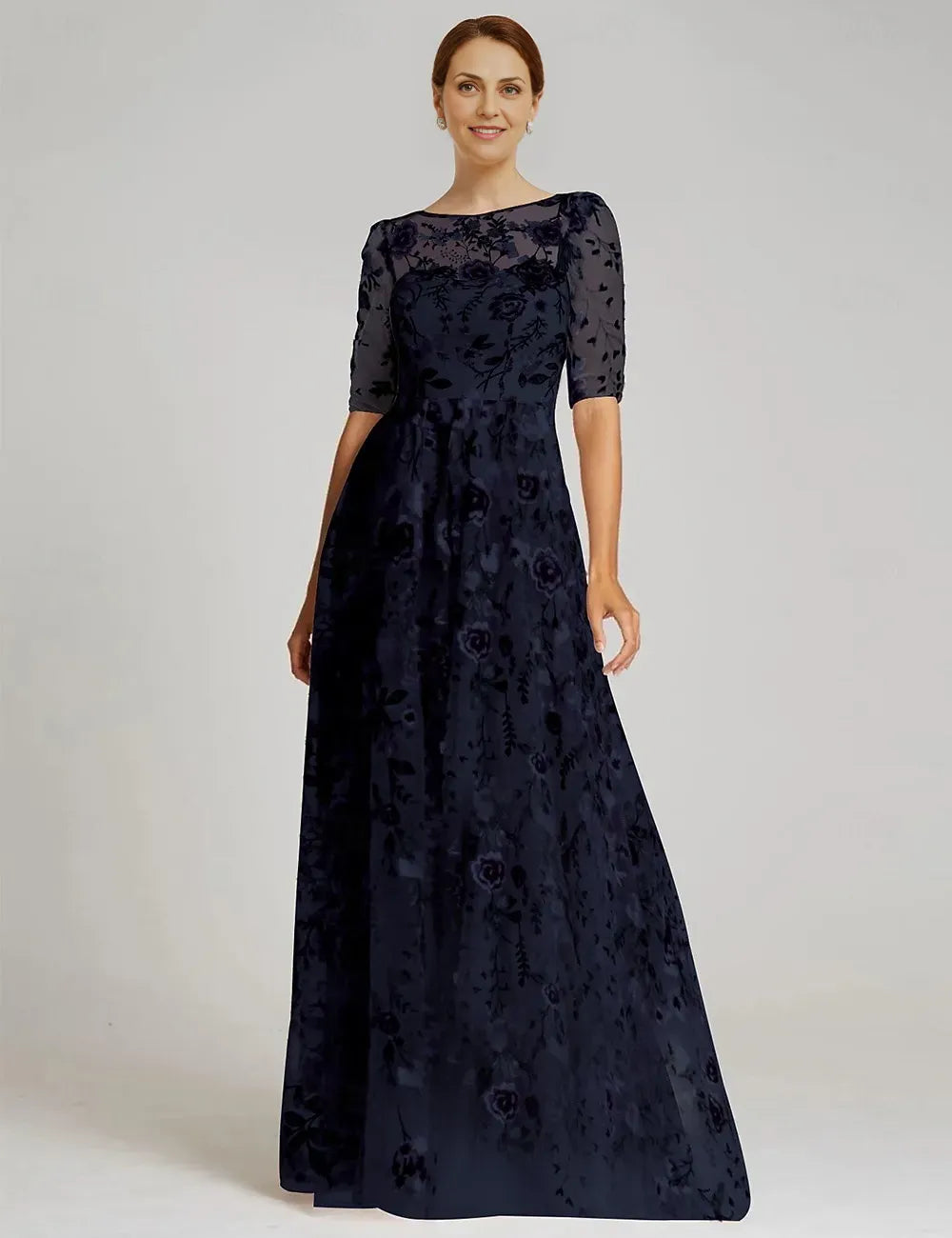 Vintage A-Line Half Sleeve Illusion Neck Appliques Floor-Length Mother of the Bride Dress