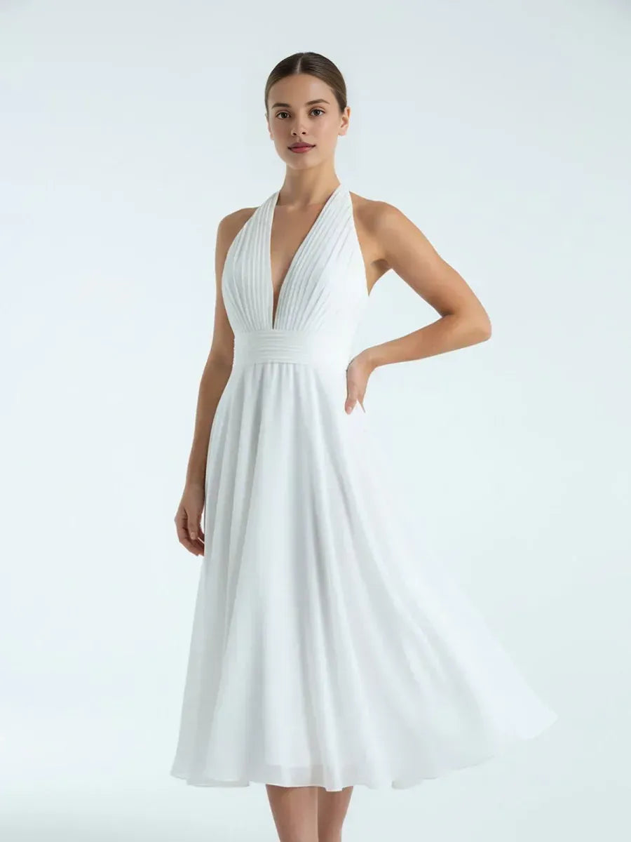 Vintage A-Line Halter Neck Sleeveless Pleated Tea-Length Wedding Dress