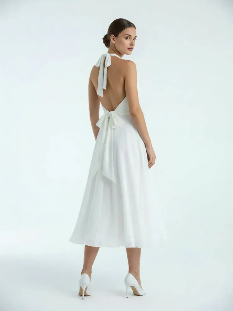 Vintage A-Line Halter Neck Sleeveless Pleated Tea-Length Wedding Dress