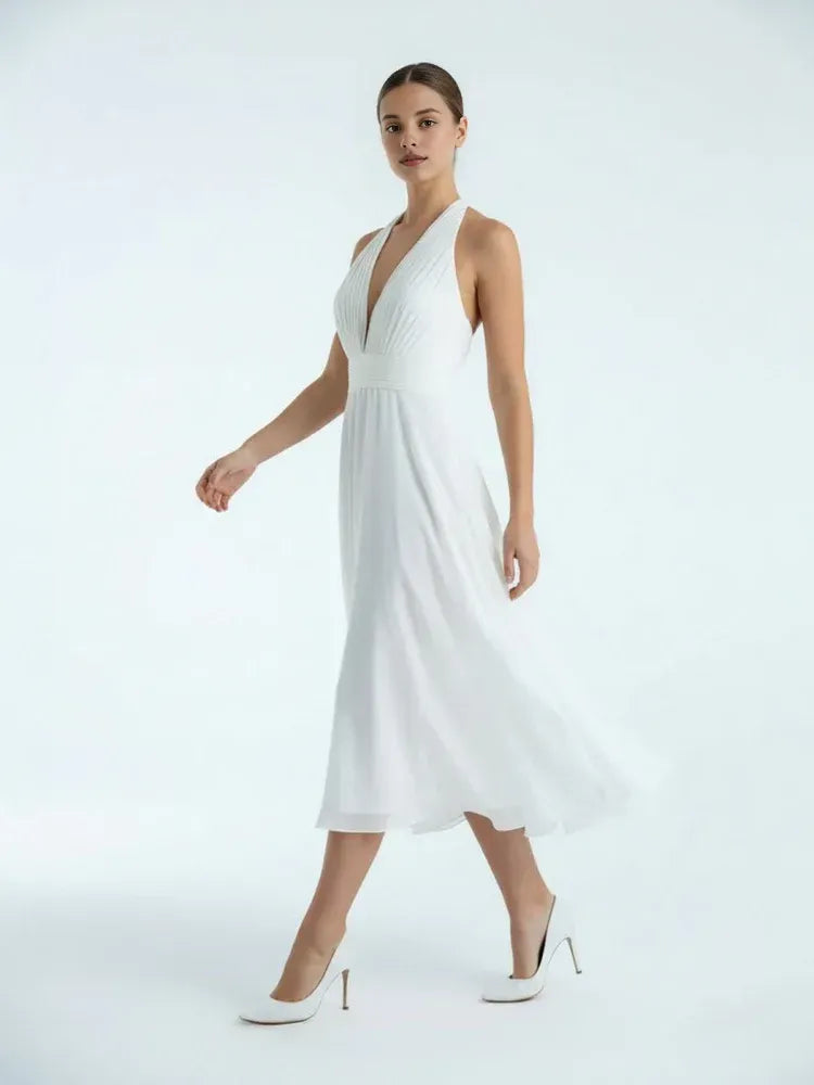 Vintage A-Line Halter Neck Sleeveless Pleated Tea-Length Wedding Dress