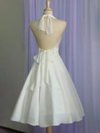 Vintage A-Line Halter Neck Sleeveless Pleated Tea-Length Wedding Dress