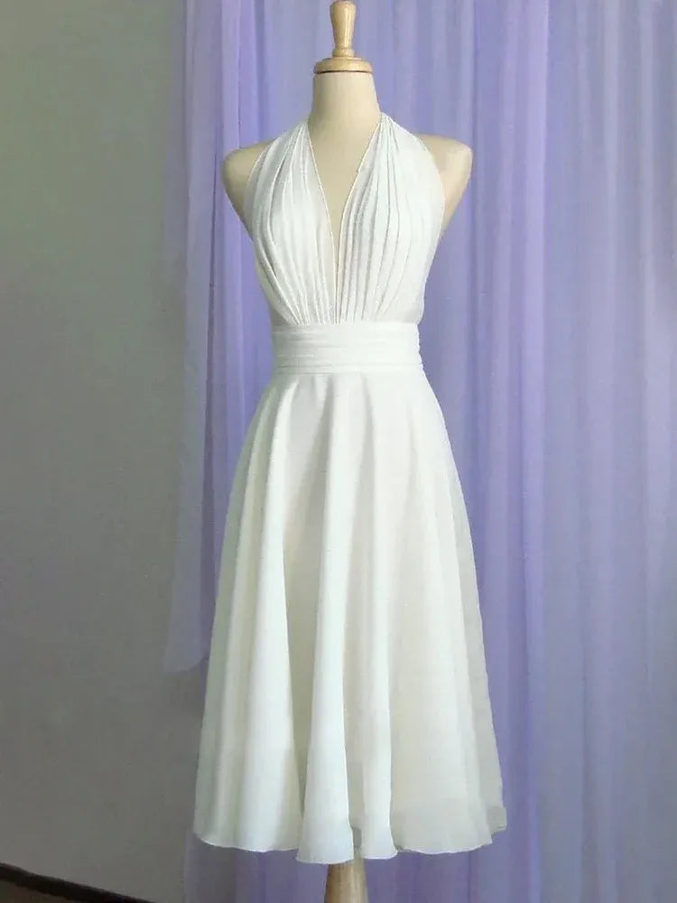 Vintage A-Line Halter Neck Sleeveless Pleated Tea-Length Wedding Dress