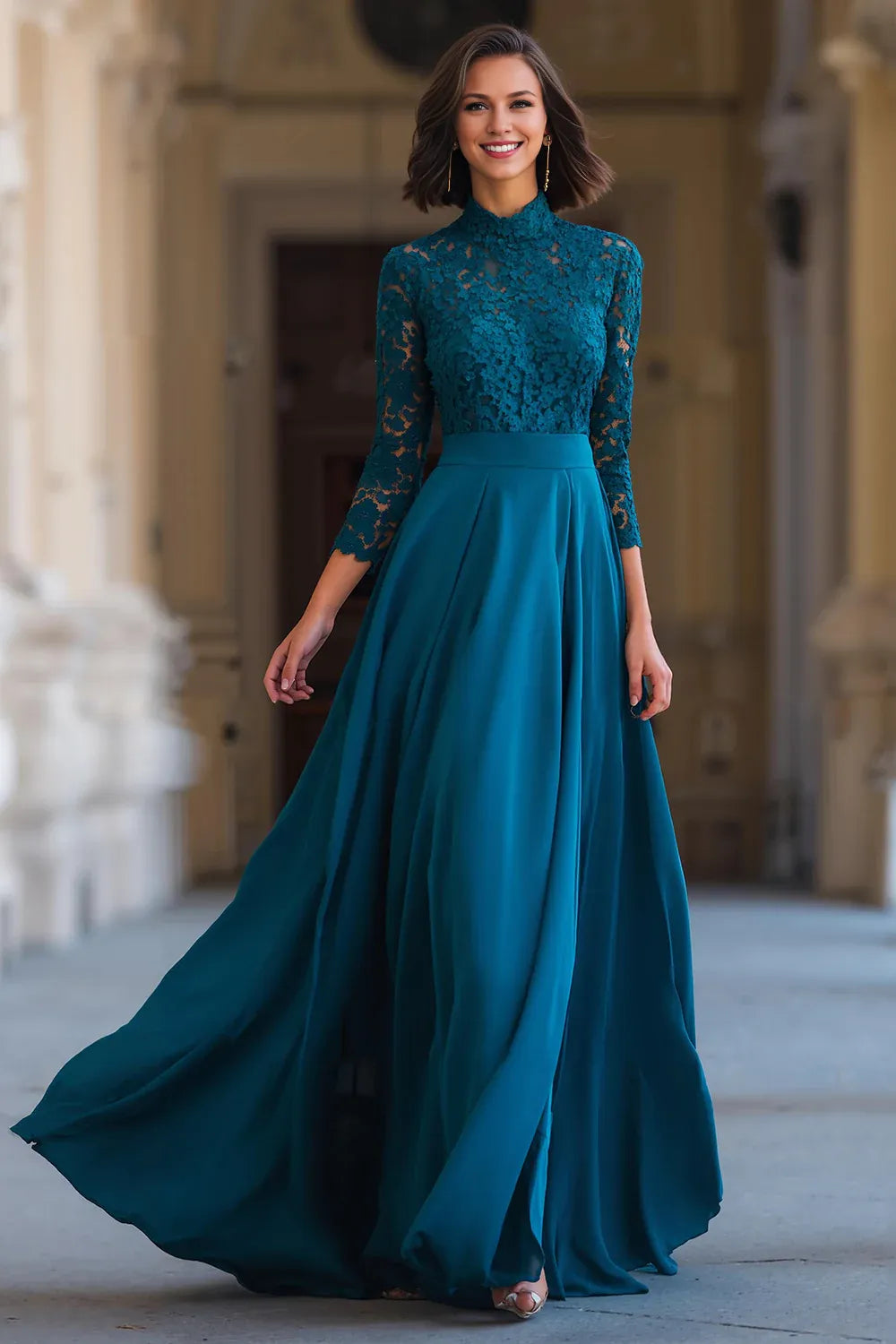Vintage A-Line High Neck Long Sleeve Zipper Up Floor-Length Mother of the Bride Dress