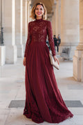 Vintage A-Line High Neck Long Sleeve Zipper Up Sweep/Brush Train Mother of the Bride Dress