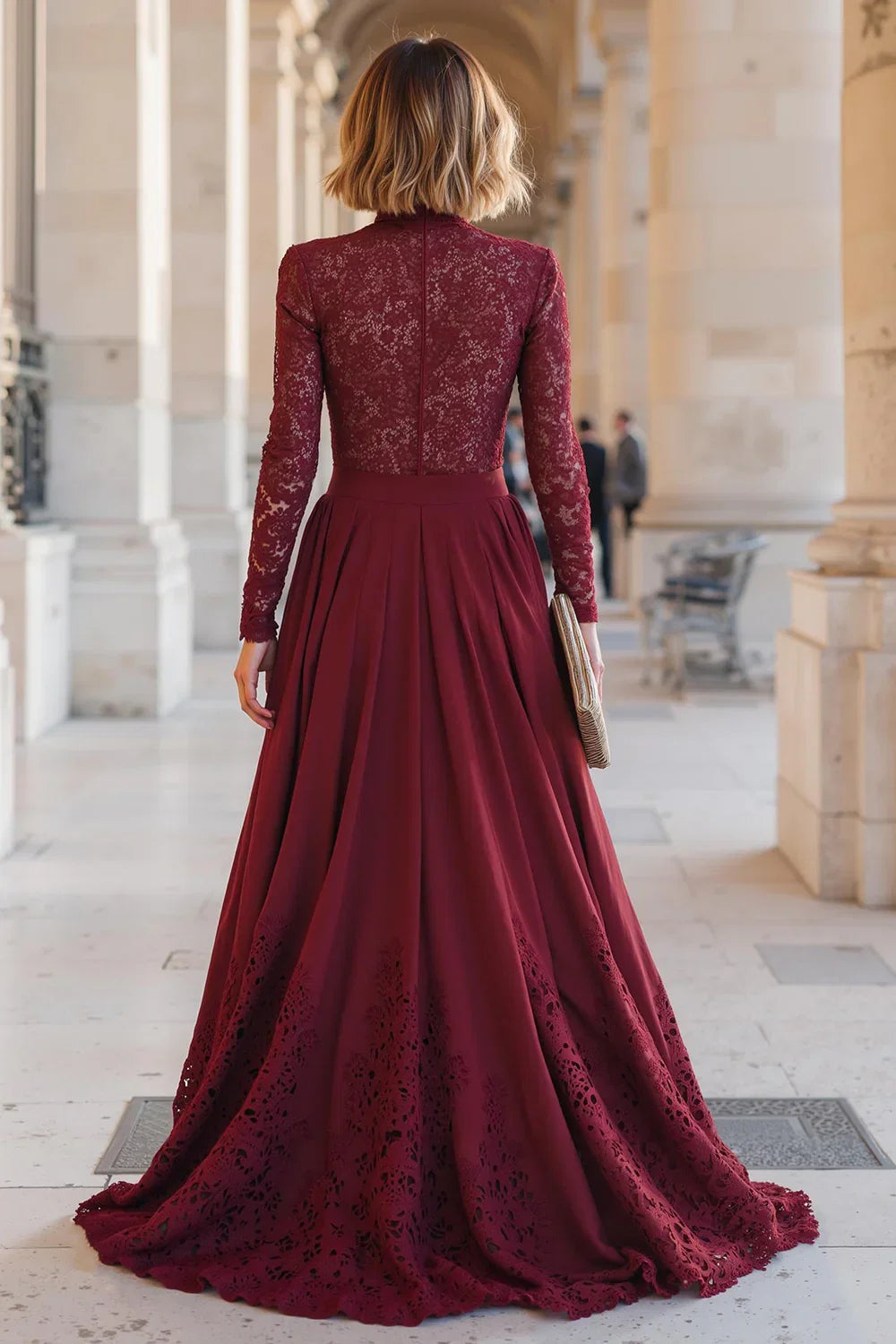 Vintage A-Line High Neck Long Sleeve Zipper Up Sweep/Brush Train Mother of the Bride Dress