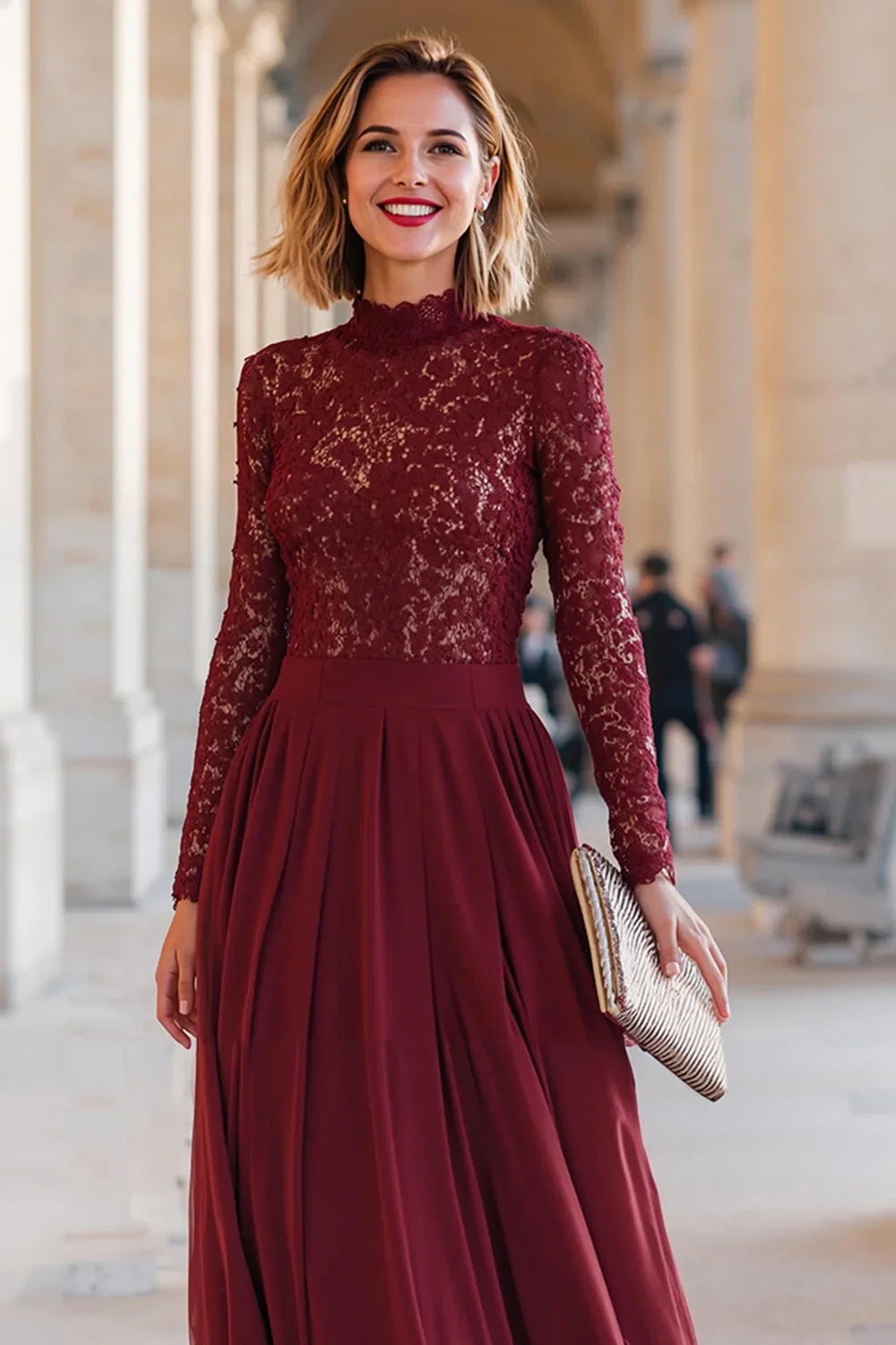 Vintage A-Line High Neck Long Sleeve Zipper Up Sweep/Brush Train Mother of the Bride Dress