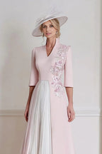 Vintage A-Line Hight V Neck Long Sleeve Floral Ankle-Length Mother of the Bride Dress
