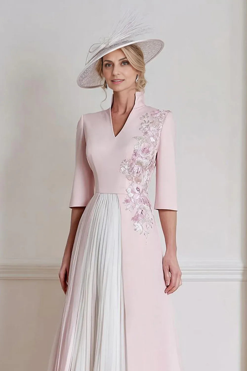 Vintage A-Line Hight V Neck Long Sleeve Floral Ankle-Length Mother of the Bride Dress