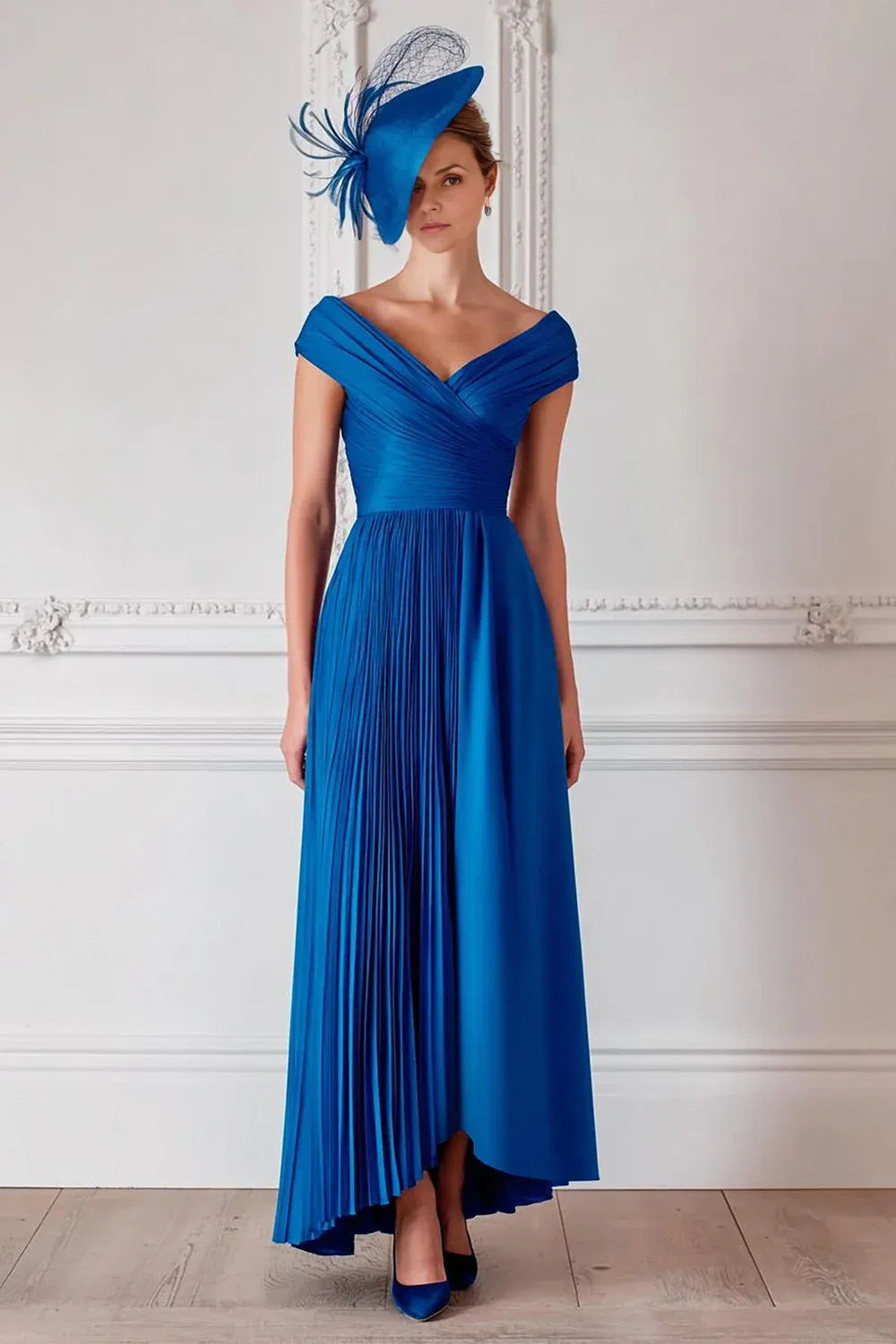 Vintage A-Line Off the Shoulder Cap Sleeve Zipper Up Ankle-Length Mother of the Bride Dress