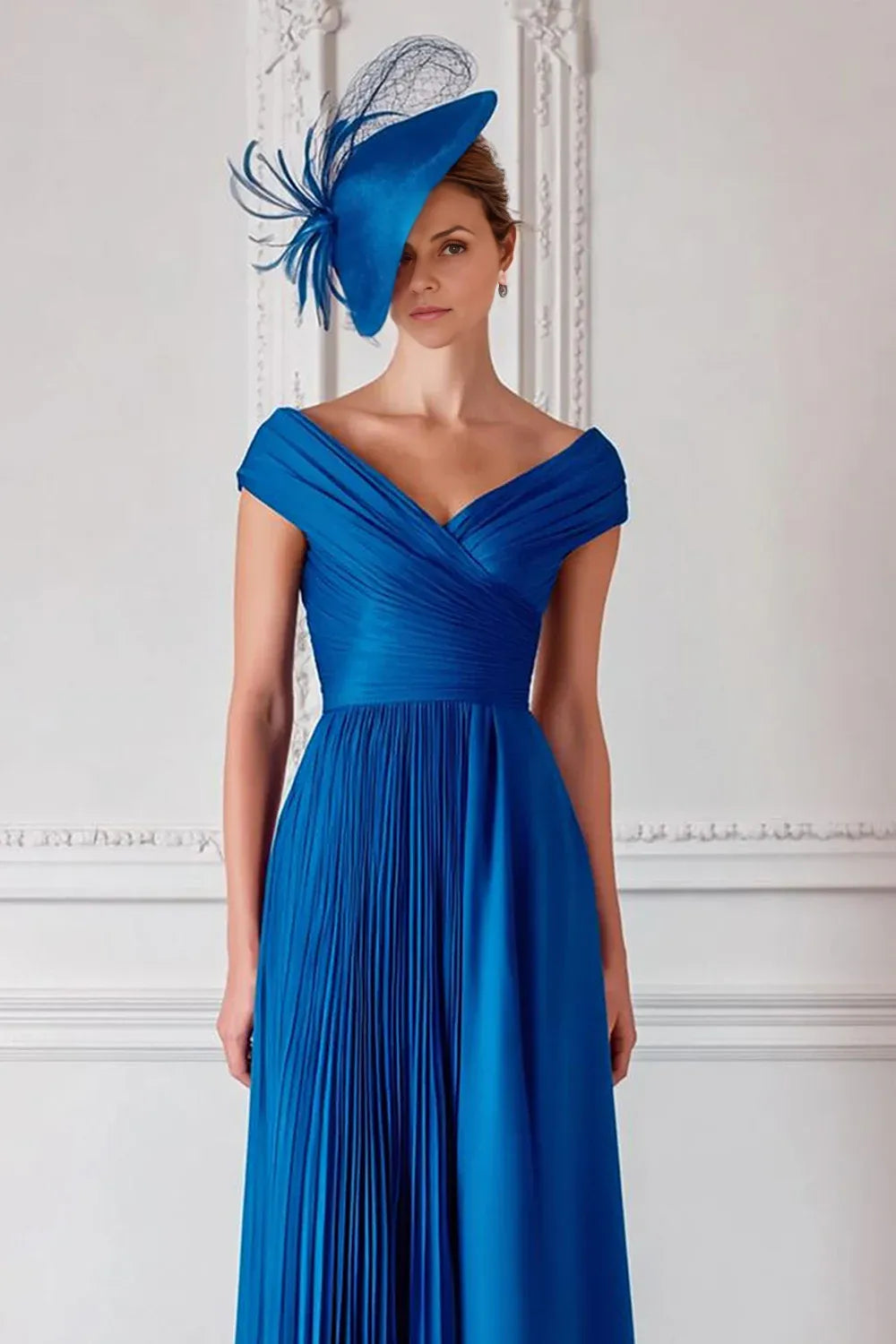 Vintage A-Line Off the Shoulder Cap Sleeve Zipper Up Ankle-Length Mother of the Bride Dress