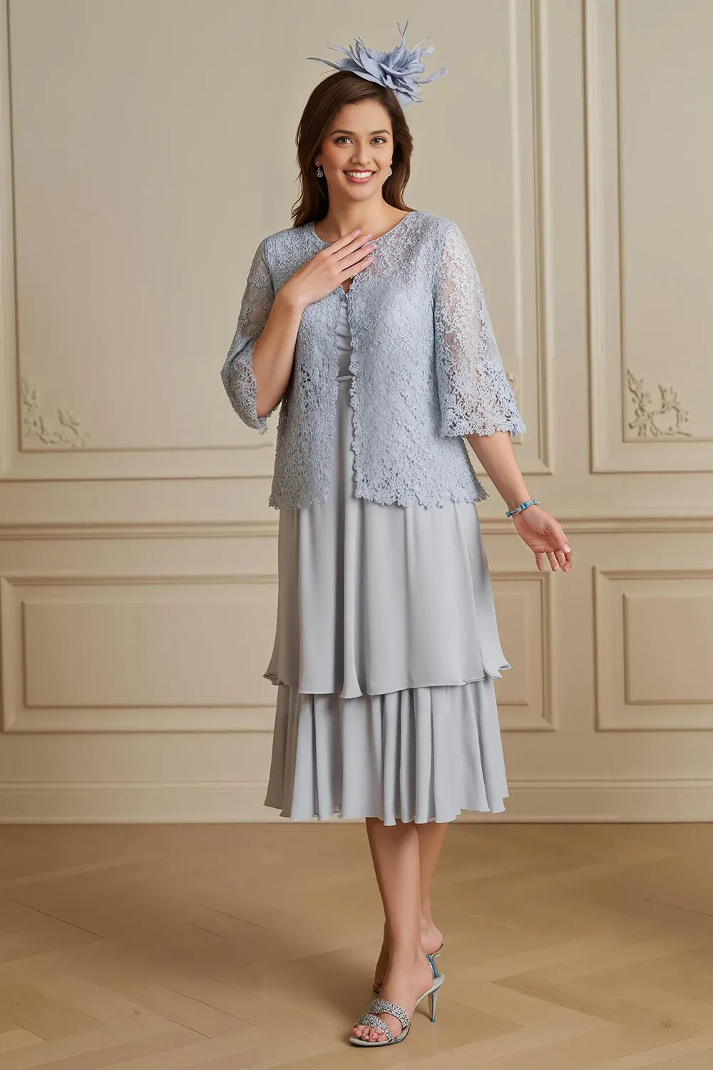 Vintage A-Line Off the Shoulder Long Sleeve Solid Color Tea-Length Mother of the Bride Dress