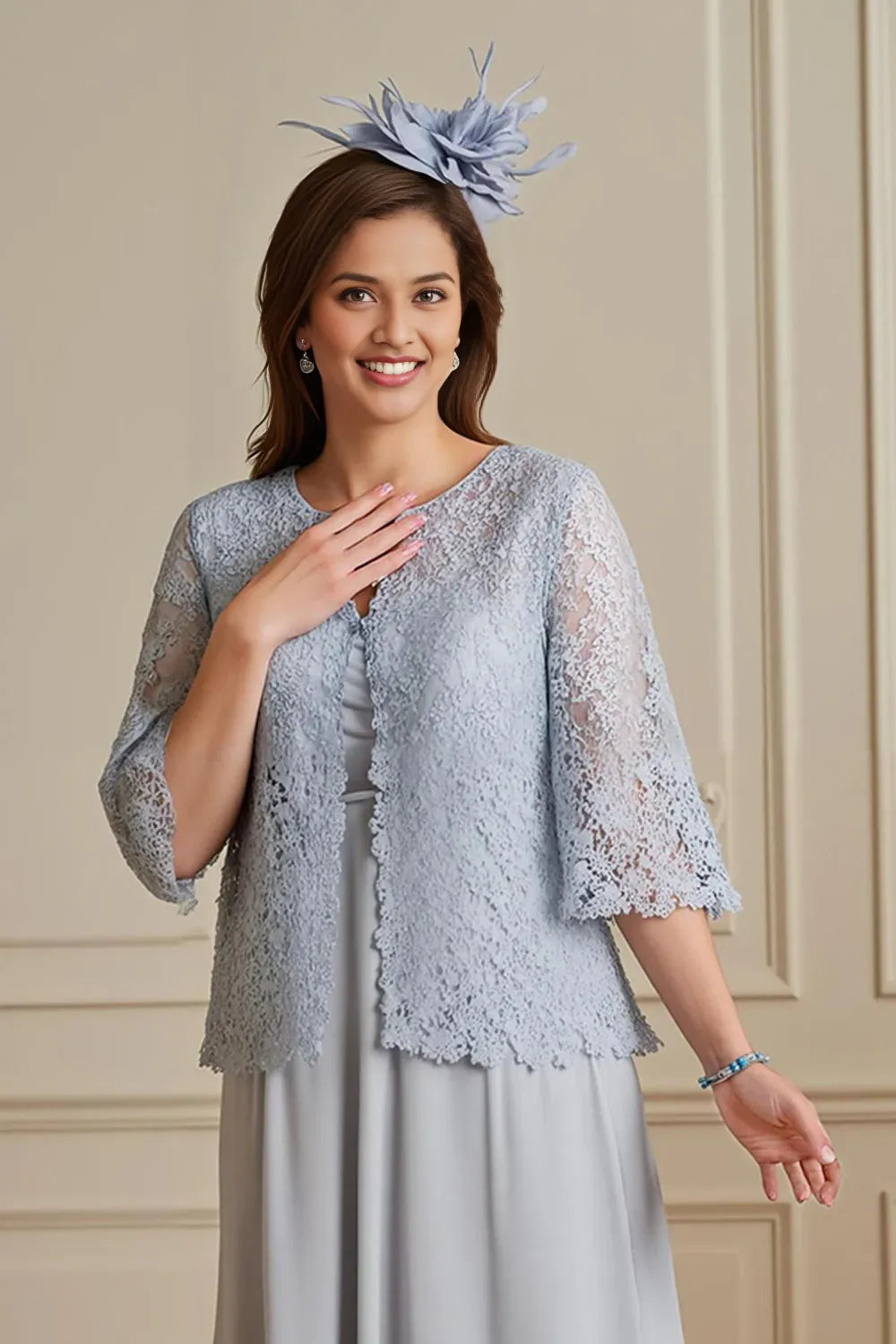 Vintage A-Line Off the Shoulder Long Sleeve Solid Color Tea-Length Mother of the Bride Dress