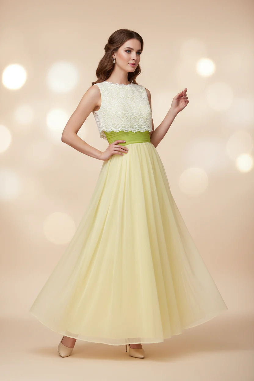 Vintage Lace Chiffon Prom Dress For Women A Line Floor Length Two Tone Yellow Cream