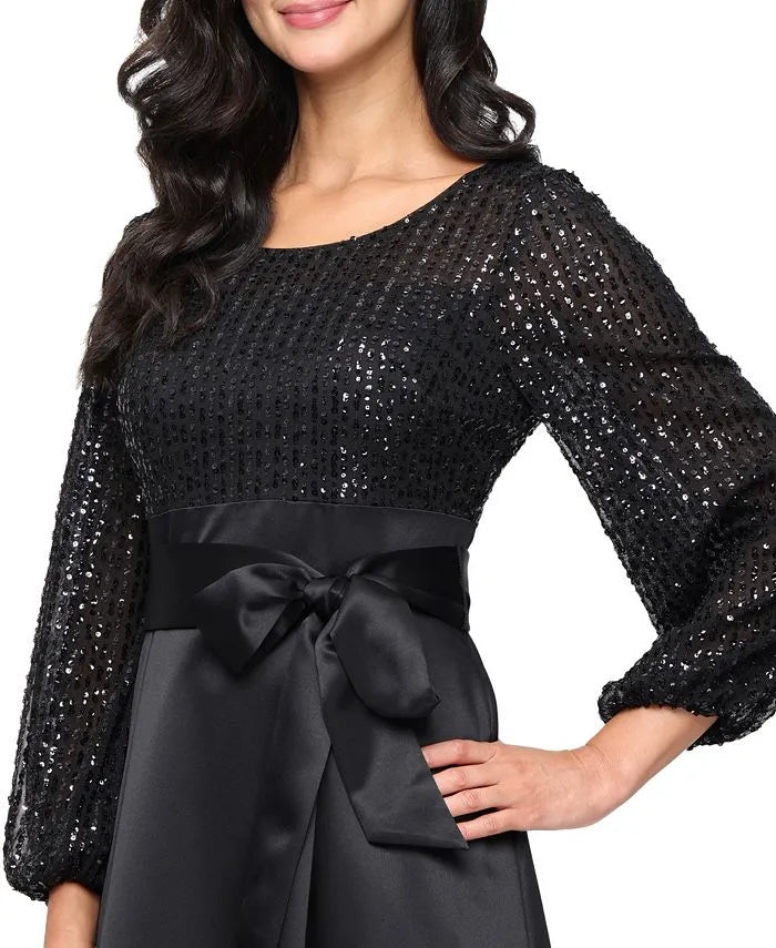Vintage A-Line Scoop Neck Long-Sleeve Pleated Tea-Length Prom Dress