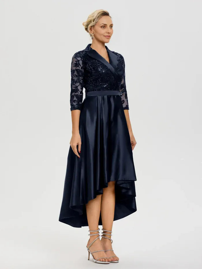 Vintage A-Line Shirt Collared Illusion Sleeves High-Low Mother of the Bride Dress
