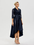 Vintage A-Line Shirt Collared Illusion Sleeves High-Low Mother of the Bride Dress