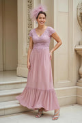 Vintage A-Line V-Neck Cap Sleeve Zipper Up Floor-Length Mother of the Bride Dress