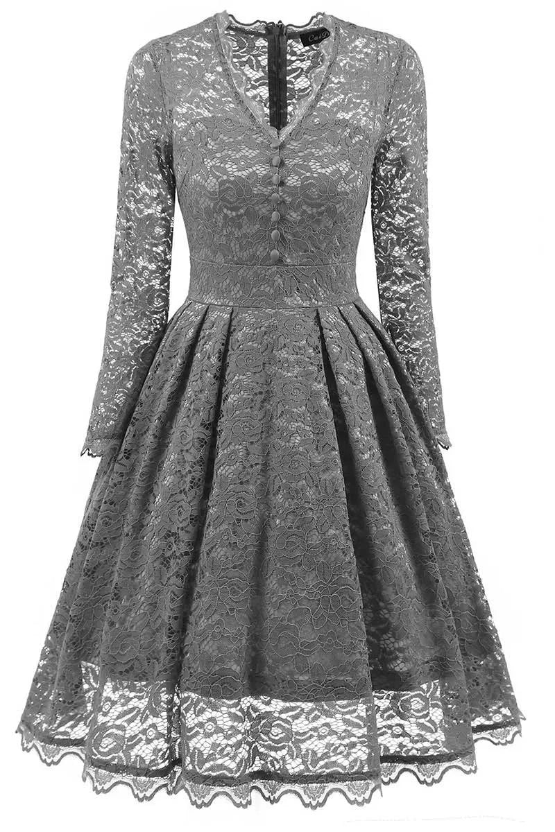 Vintage Lace A Line Dress With V Neck Long Sleeve Button Front For Homecoming Glam