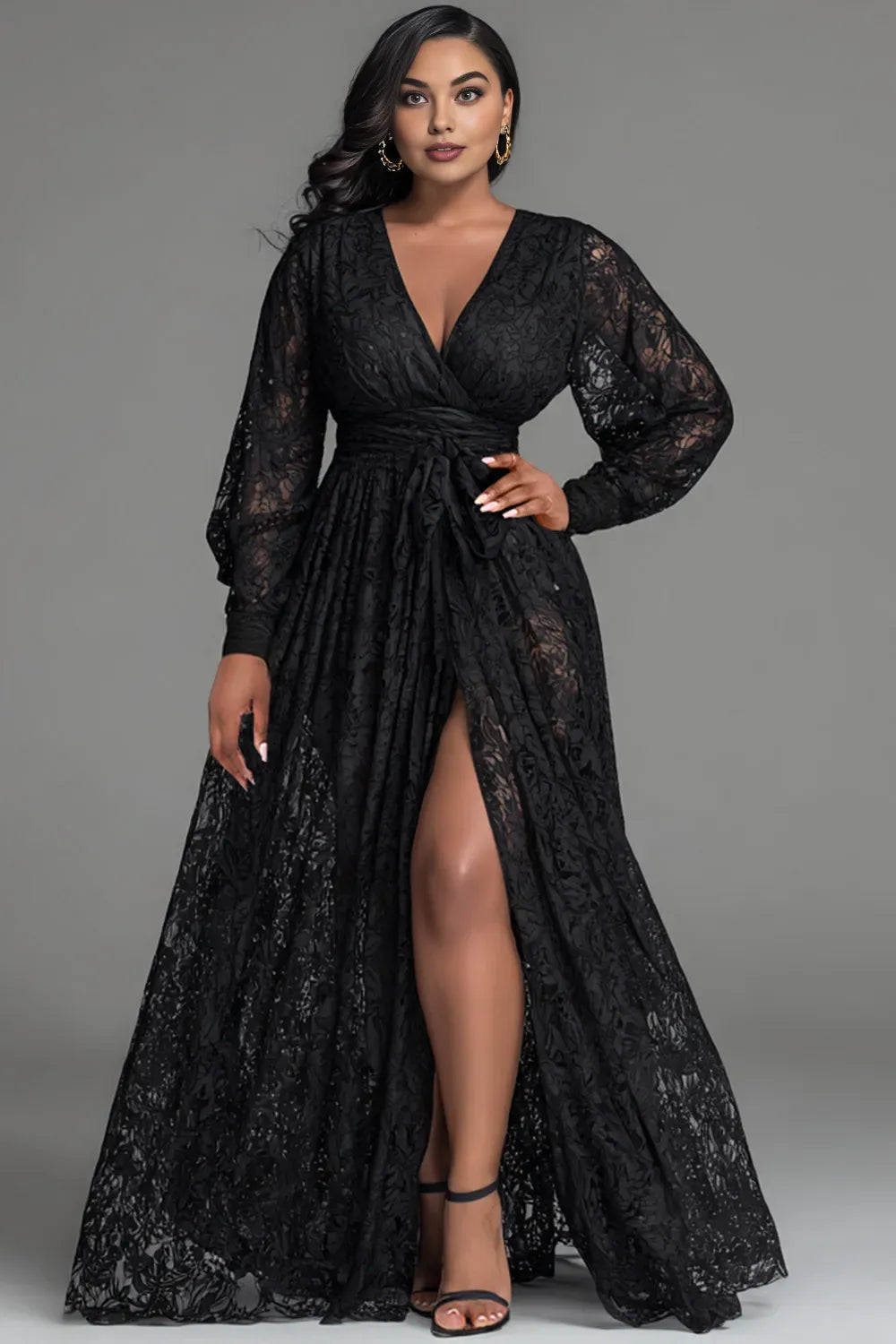 Vintage A-Line V Neck Long Sleeve Split Plus Size Floor Length Prom Dress