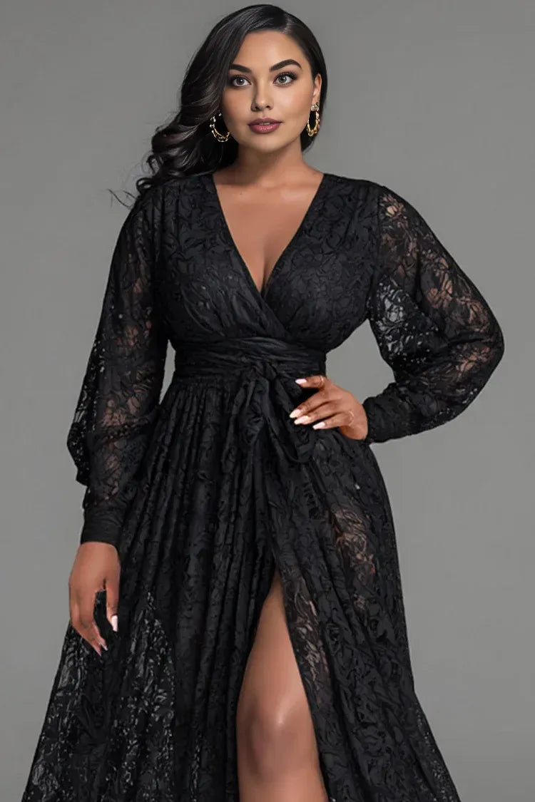 Vintage A-Line V Neck Long Sleeve Split Plus Size Floor Length Prom Dress