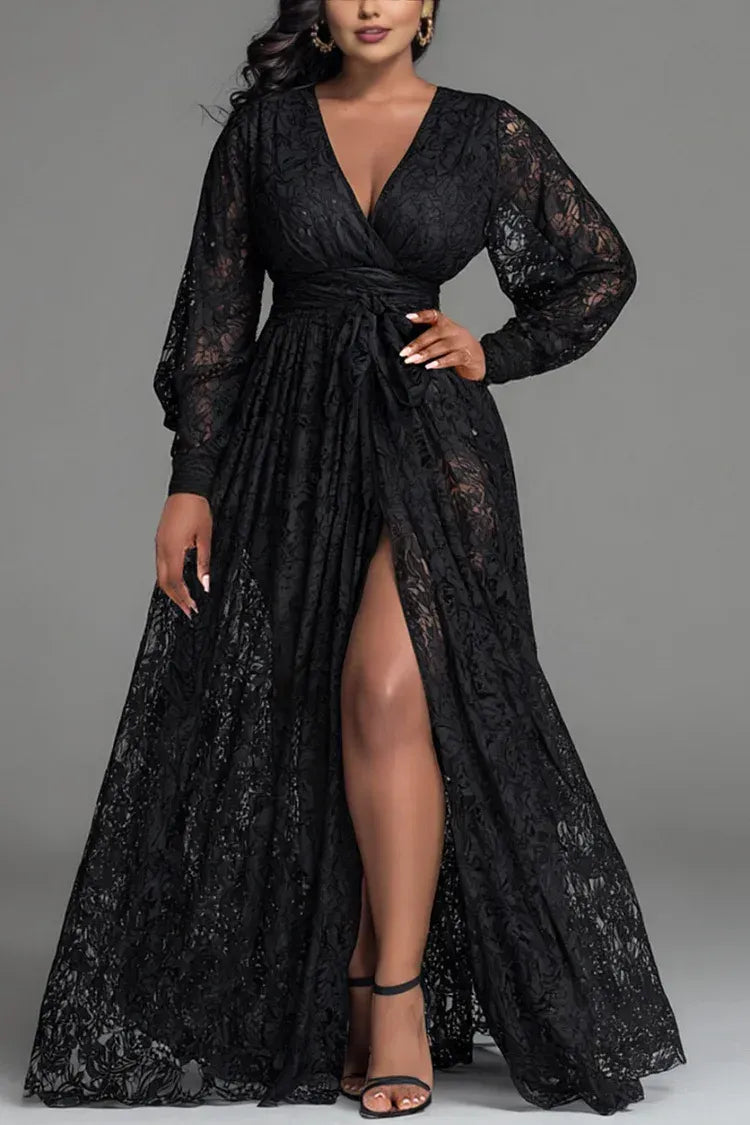 Vintage A-Line V Neck Long Sleeve Split Plus Size Floor Length Prom Dress