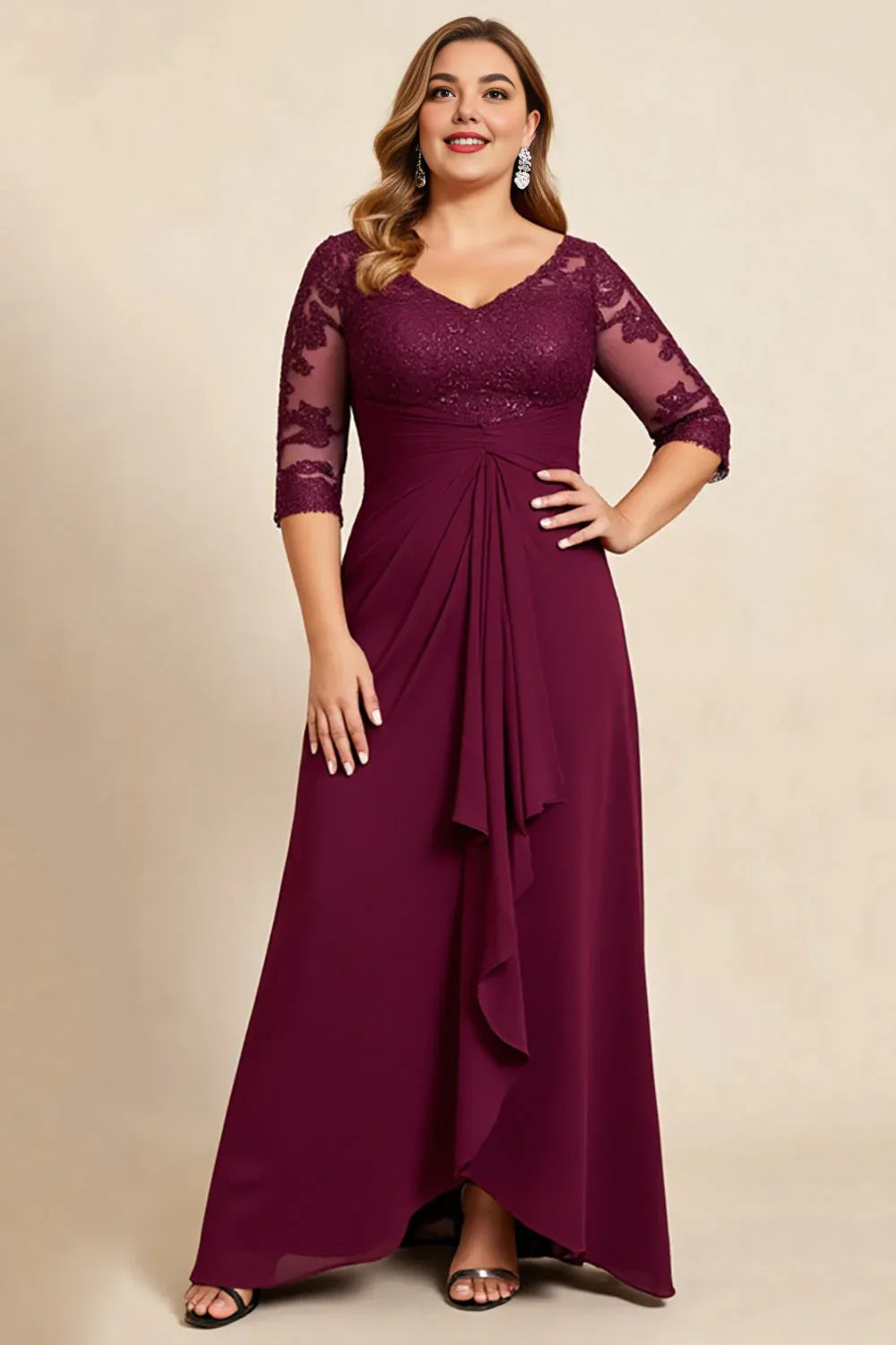 Vintage A-Line V Neck Short Sleeves V Back Floor-Length Plus Size Mother of the Bride Dress