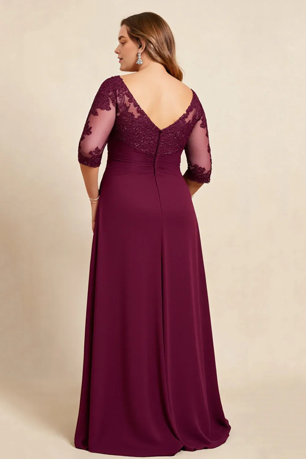 Vintage A-Line V Neck Short Sleeves V Back Floor-Length Plus Size Mother of the Bride Dress
