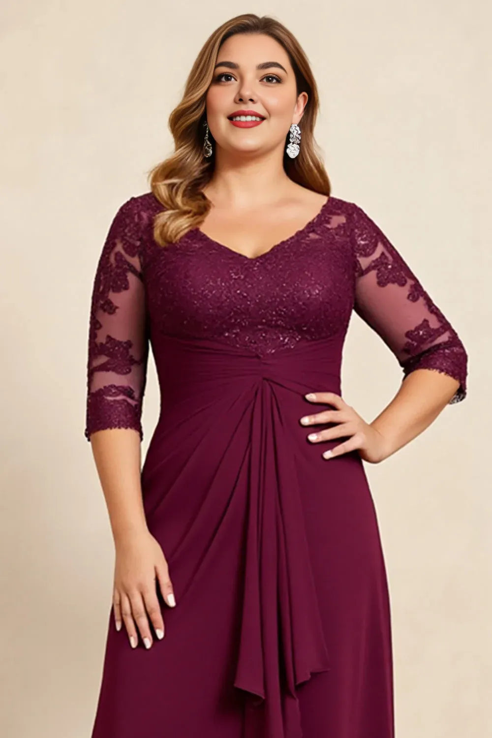 Vintage A-Line V Neck Short Sleeves V Back Floor-Length Plus Size Mother of the Bride Dress