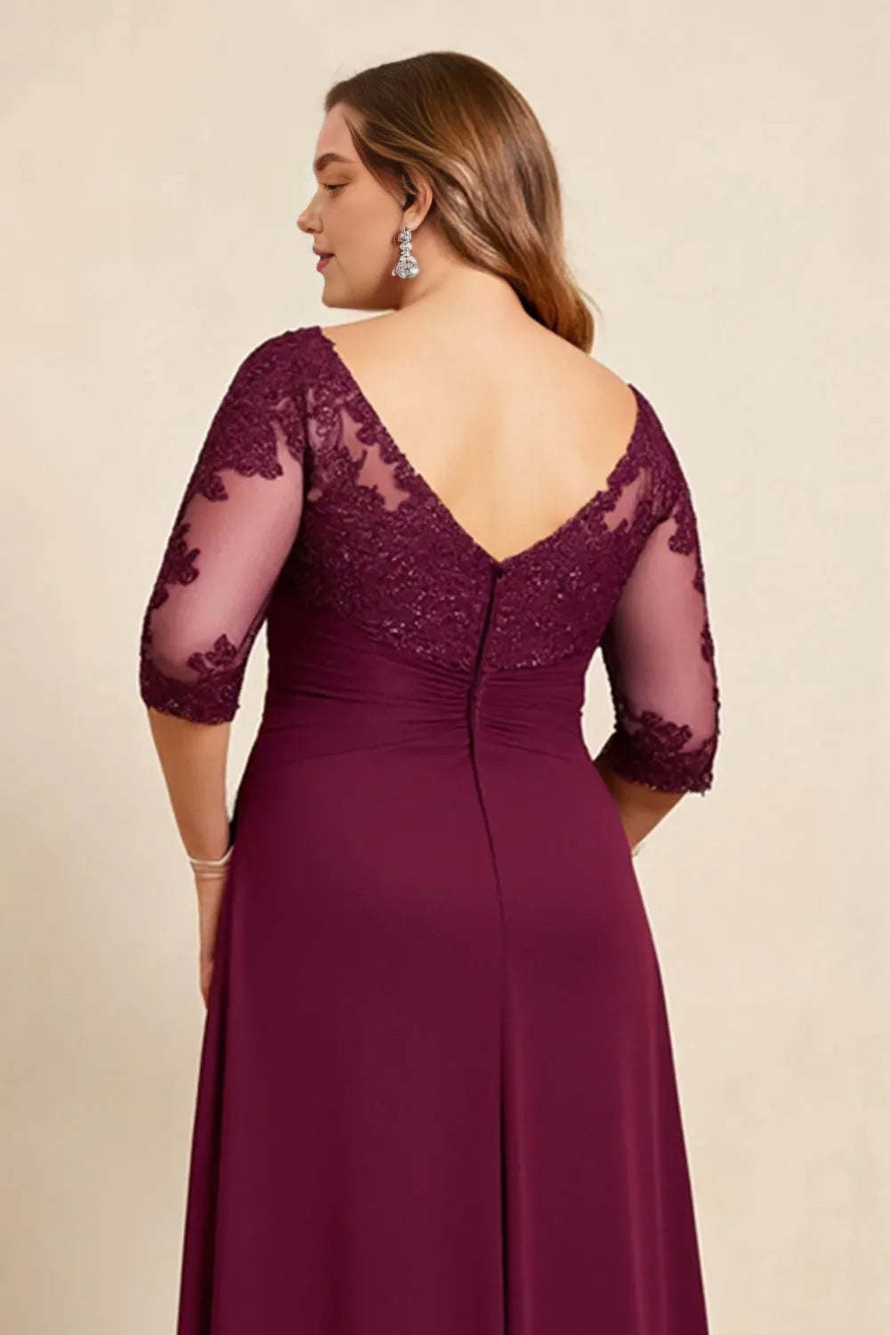 Vintage A-Line V Neck Short Sleeves V Back Floor-Length Plus Size Mother of the Bride Dress