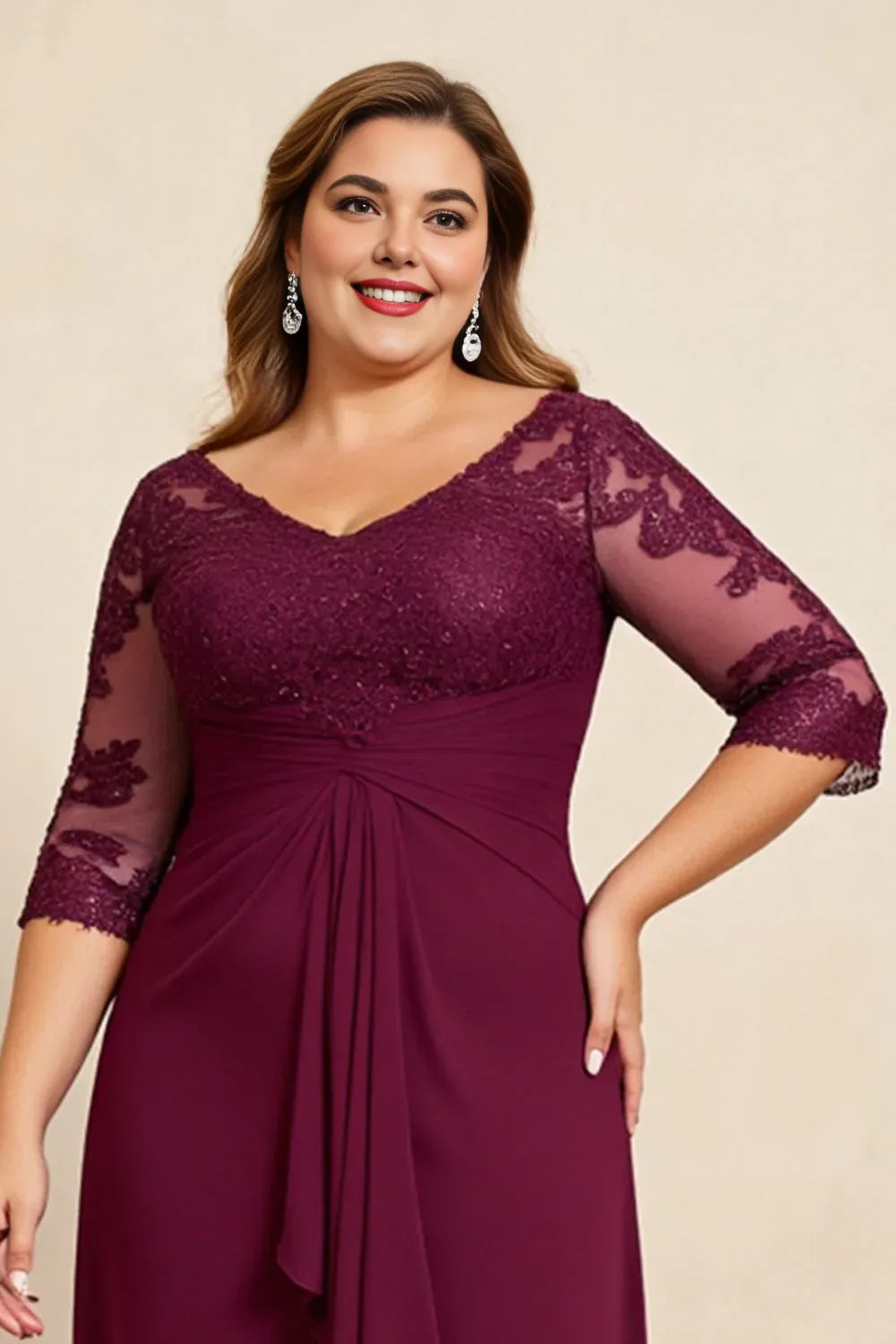 Vintage A-Line V Neck Short Sleeves V Back Floor-Length Plus Size Mother of the Bride Dress