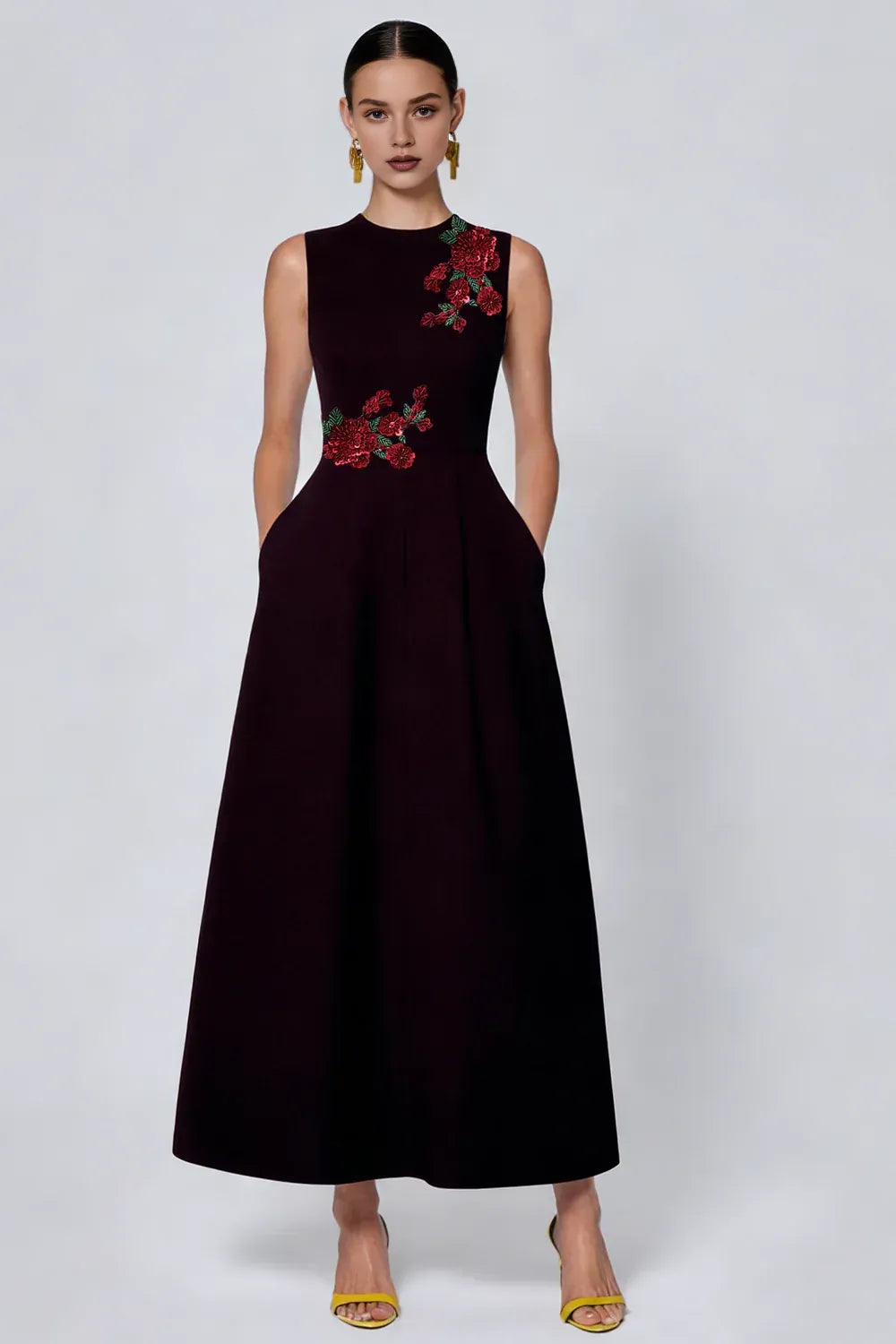 Vintage A Line High Neck Sleeveless Zipper Up Pockets Ankle-Length Prom Dress