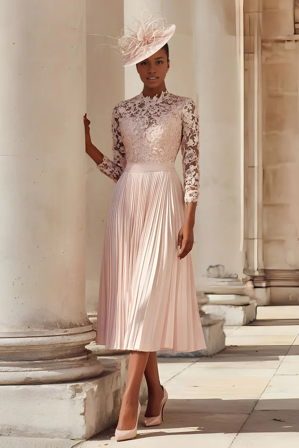 Vintage A Line Hight-Neck Long Sleeves Full Coverage Tea-Length Mother of the Bride Dress