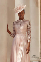 Vintage A Line Hight-Neck Long Sleeves Full Coverage Tea-Length Mother of the Bride Dress