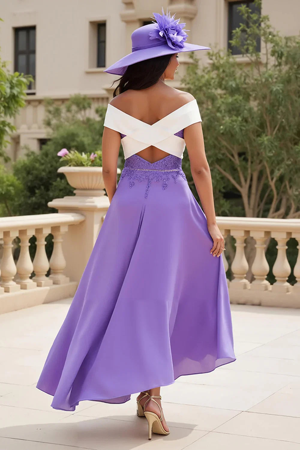Vintage A Line Off The Shoulder Cap Sleeve Backless Asymmetrical-Length Mother of the Bride Dress