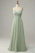 Vintage A Line Spaghetti Straps Sleeveless Pleated Floor-Length Bridesmaid Dress