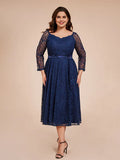 Vintage A Line V-Neck Long Sleeves Tea Length Plus Size Mother of the Bride Dress