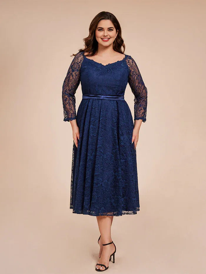 Vintage A Line V-Neck Long Sleeves Tea Length Plus Size Mother of the Bride Dress