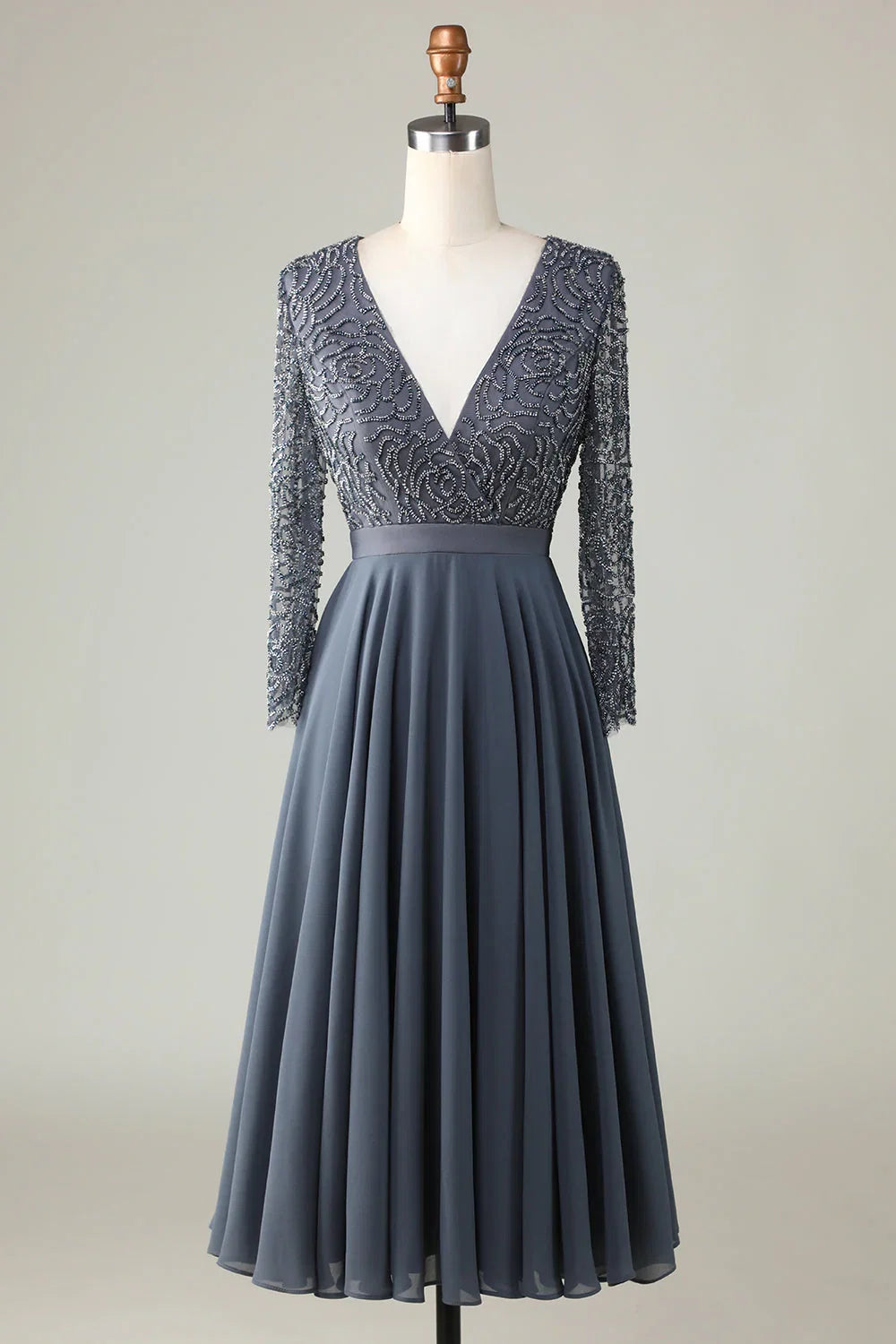 Vintage A Line V Neck Long Sleeve Zipper Up Tea-Length Mother of the Bride Dress