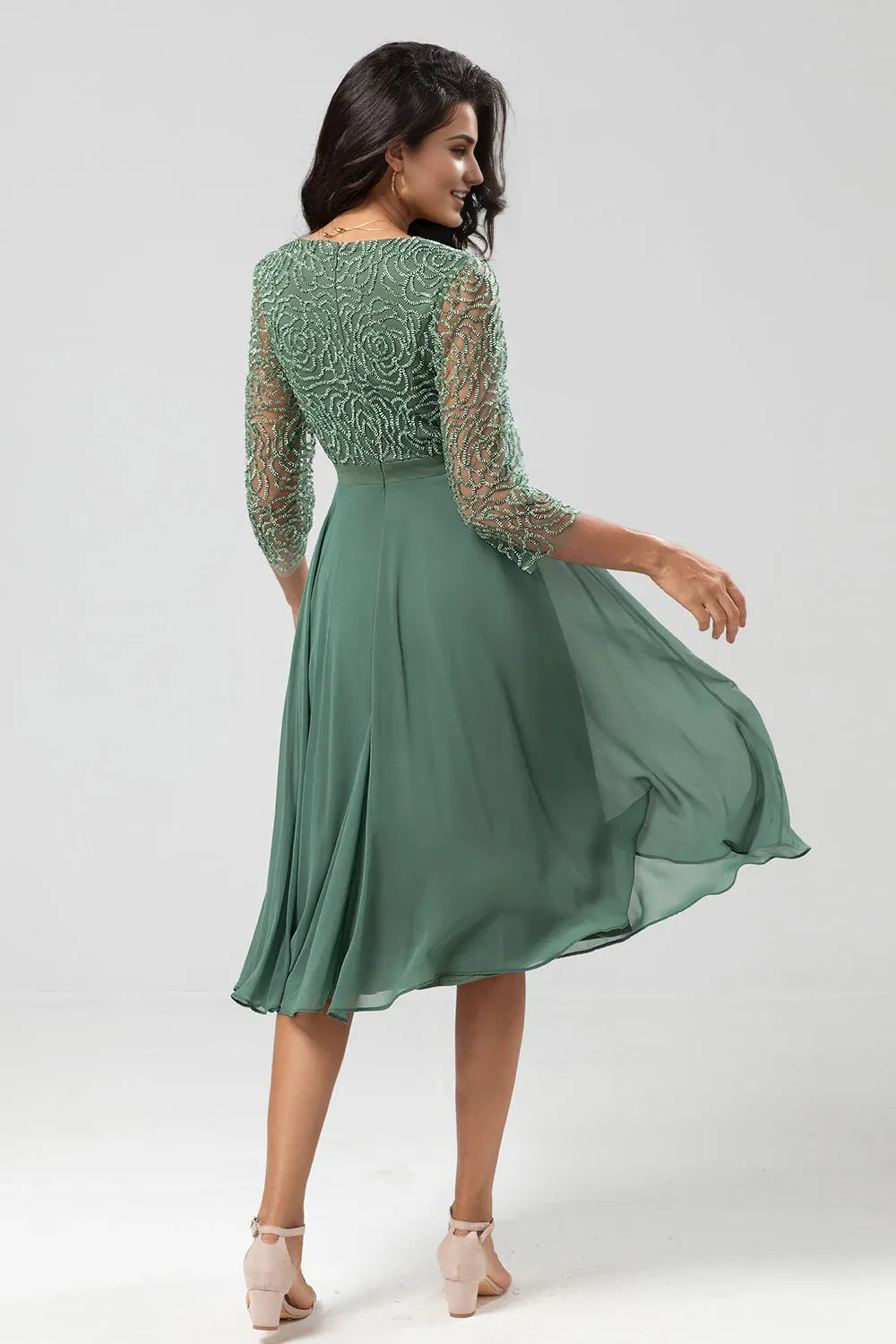 Vintage A Line V Neck Long Sleeve Zipper Up Tea-Length Mother of the Bride Dress
