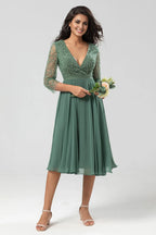 Vintage A Line V Neck Long Sleeve Zipper Up Tea-Length Mother of the Bride Dress