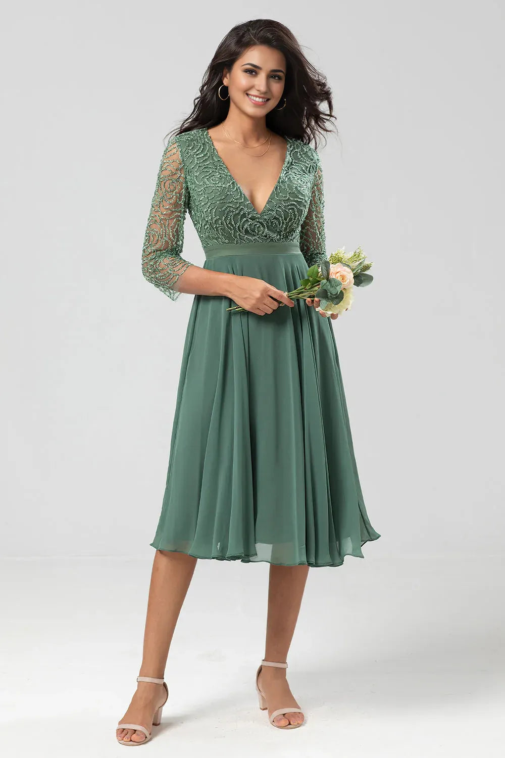 Vintage A Line V Neck Long Sleeve Zipper Up Tea-Length Mother of the Bride Dress