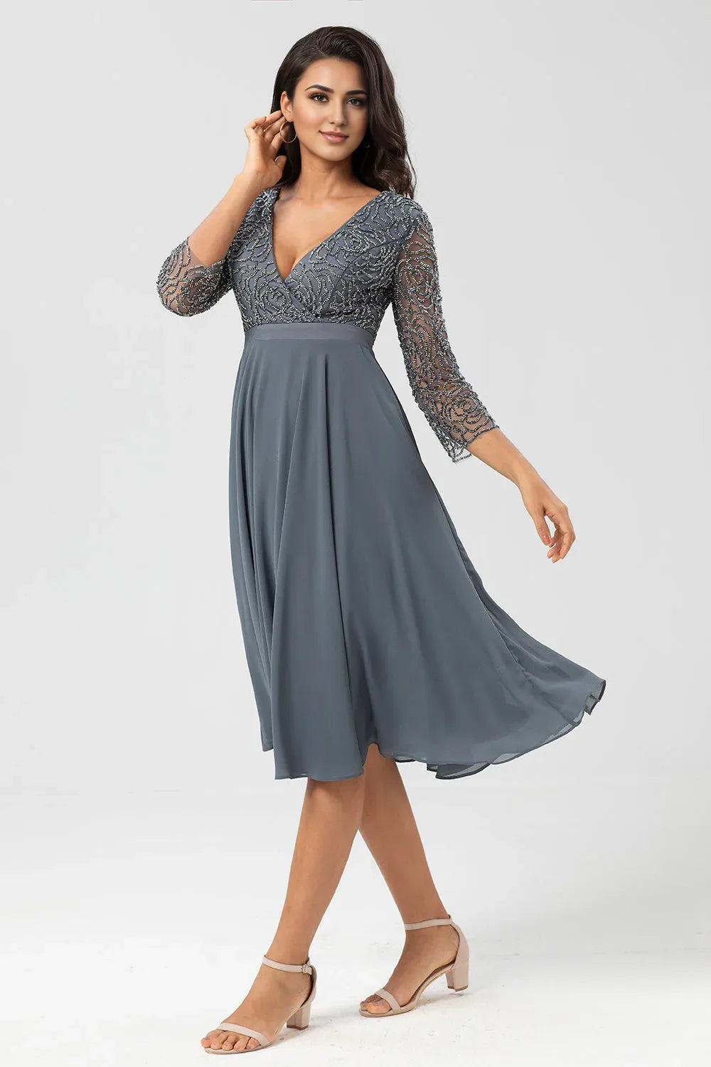 Vintage A Line V Neck Long Sleeve Zipper Up Tea-Length Mother of the Bride Dress