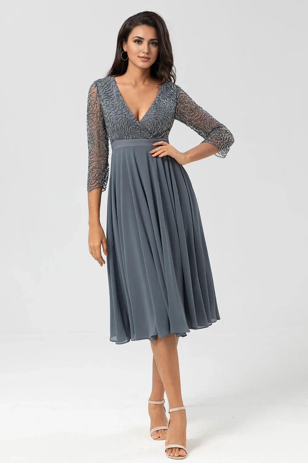 Vintage A Line V Neck Long Sleeve Zipper Up Tea-Length Mother of the Bride Dress