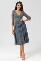 Vintage A Line V Neck Long Sleeve Zipper Up Tea-Length Mother of the Bride Dress