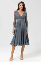 Vintage A Line V Neck Long Sleeve Zipper Up Tea-Length Mother of the Bride Dress